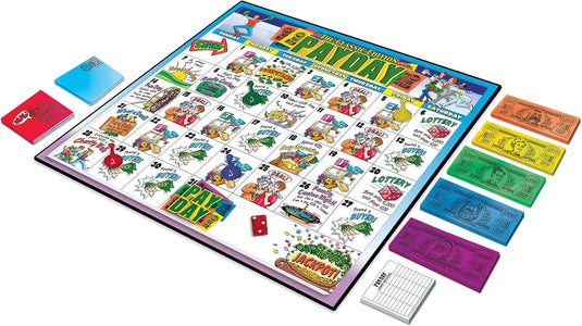 The Game of Pay Day With Popular 1970's Artwork by Winning Moves Games USA, where Players Make and Spend Money for Fun, for 2-4 Players, Ages 8+