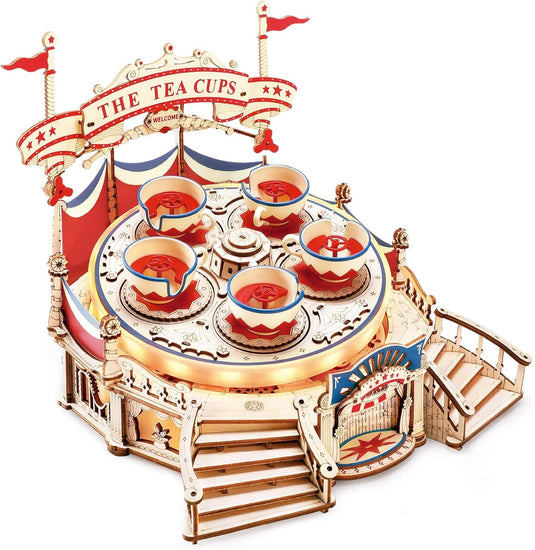 ROKR 3D Puzzles for Adults Model Kit, DIY Wooden Music Box Building Kit with LED Lights for Teens Adults Birthday Gift (Tilt-A-Whirl 280pcs)
