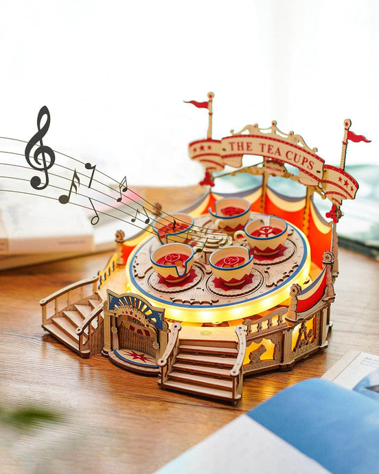 ROKR 3D Puzzles for Adults Model Kit, DIY Wooden Music Box Building Kit with LED Lights for Teens Adults Birthday Gift (Tilt-A-Whirl 280pcs)