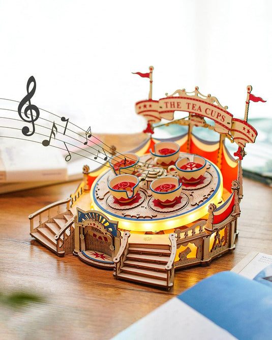 ROKR 3D Puzzles for Adults Model Kit, DIY Wooden Music Box Building Kit with LED Lights for Teens Adults Birthday Gift (Tilt-A-Whirl 280pcs)