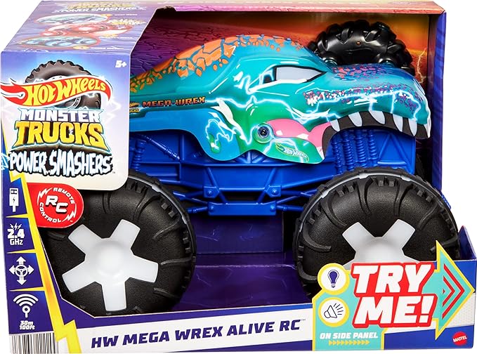 Hot Wheels Monster Trucks 1:15 Scale MEGA-Wrex Alive Remote-Control Vehicle, Battery-Powered RC With Interactive Lights & Sounds
