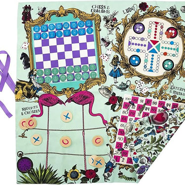 Alice in Wonderland Themed Games mat with 5 Classic Family Games, Chess, Draughts, Noughts & Crosses, Snakes & Ladders