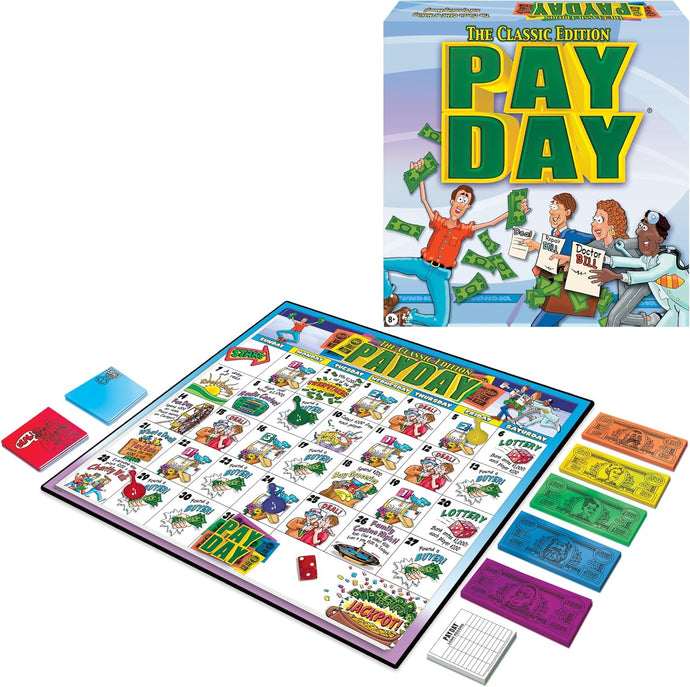 The Game of Pay Day With Popular 1970's Artwork by Winning Moves Games USA, where Players Make and Spend Money for Fun, for 2-4 Players, Ages 8+