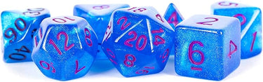 Metallic Dice Games Stardust Blue Resin Dice with Purple Numbers 16mm (5/8in) 7-Dice Set
