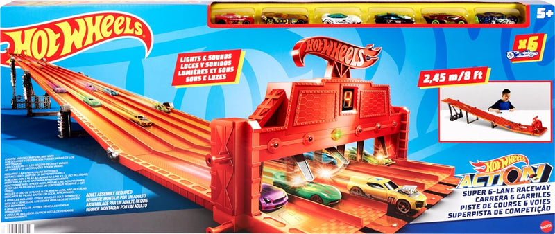 Load image into Gallery viewer, Hot Wheels Toy Car Track Set Super 6-Lane Raceway, 8Ft Track That Rolls Up for Storage, 6 1:64 Scale Cars
