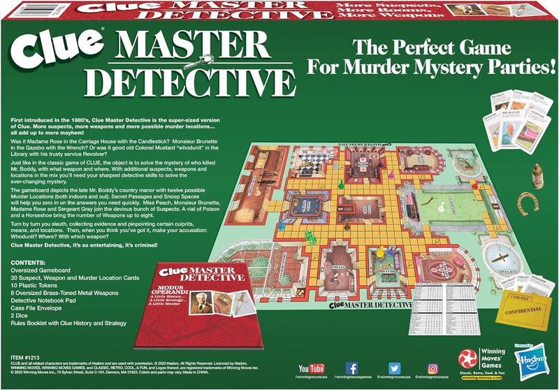 Load image into Gallery viewer, Clue Master Detective With Oversized Brass Tone Metal Weapons by Winning Moves Games USA, Largest Game of Clue Ever, for up to 10 Players, Ages 10 and Up

