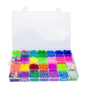 Open storage case with compartments of colorful loom bands