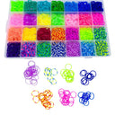 Colorful loom bands sorted by color with sample loom band bracelets