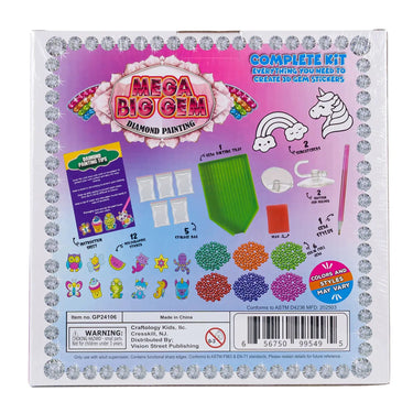 Back of the Mega Big Gem diamond painting kit box showing the contents and designs