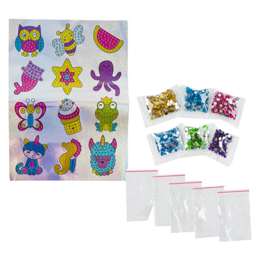 Finished gem sticker designs with bags of colored gems