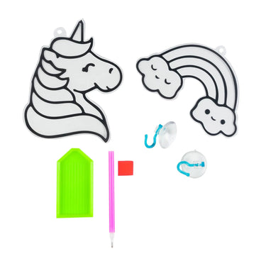 Unicorn and rainbow sticker outlines with a gem pen and tray