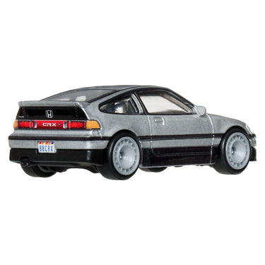 Rear three-quarter view of the silver Hot Wheels '88 Honda CRX die-cast car