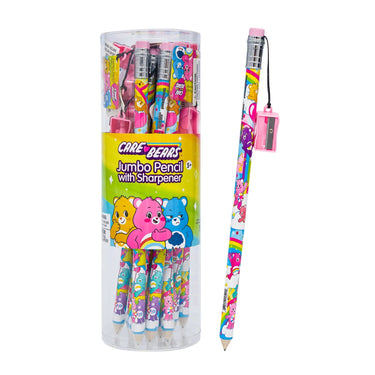 Clear tub display of Care Bears jumbo pencils with one pencil shown beside it