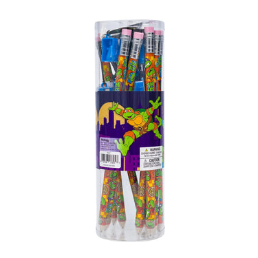 Clear tub display of Teenage Mutant Ninja Turtles jumbo pencils with sharpeners
