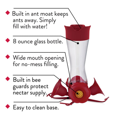 Perky-Pet Hummingbird 8 oz Glass/Plastic Pinch-Waist Nectar Feeder 4 ports