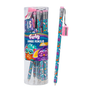 Clear tub display of Furby jumbo pencils with one pencil shown beside it