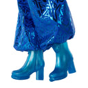 Close-up of Addison Wells doll's metallic blue pants and blue heeled boots