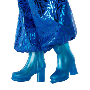 Close-up of Addison Wells doll's metallic blue pants and blue heeled boots