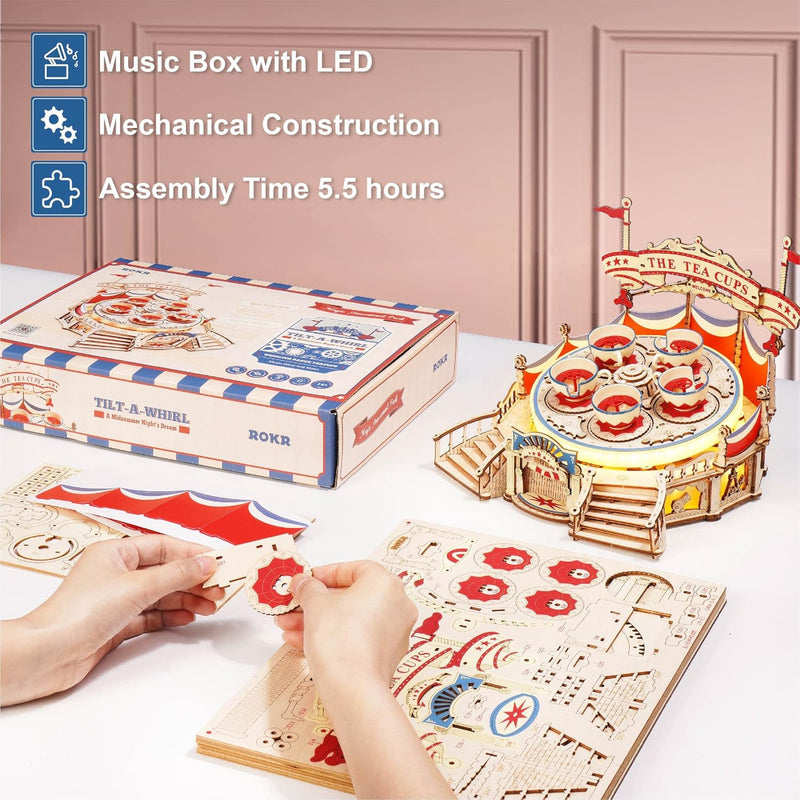 Load image into Gallery viewer, ROKR 3D Puzzles for Adults Model Kit, DIY Wooden Music Box Building Kit with LED Lights for Teens Adults Birthday Gift (Tilt-A-Whirl 280pcs)

