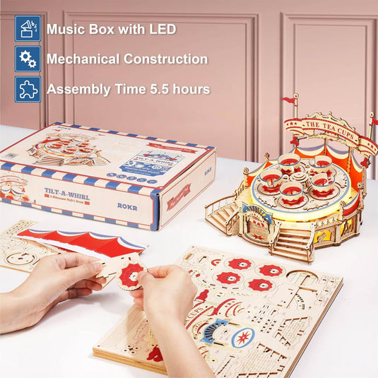 ROKR 3D Puzzles for Adults Model Kit, DIY Wooden Music Box Building Kit with LED Lights for Teens Adults Birthday Gift (Tilt-A-Whirl 280pcs)