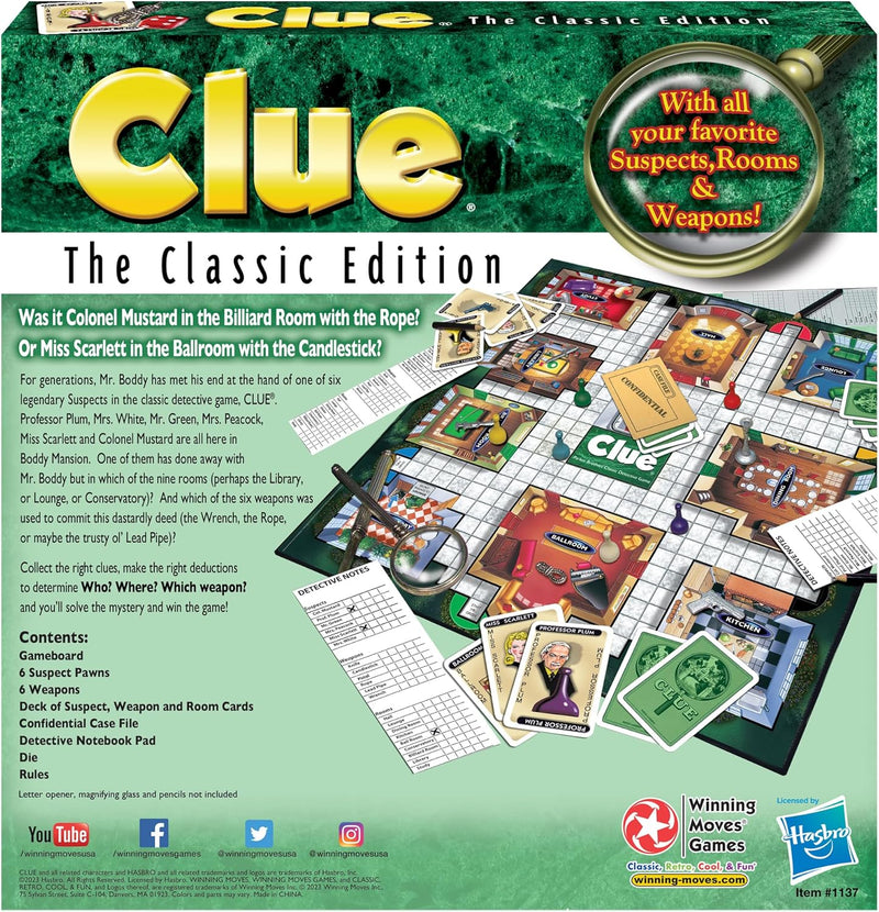 Load image into Gallery viewer, Winning Moves Games Clue Classic with 1949 Card Artwork &amp; Suspects USA, Original Whodunnit Murder Mystery Game with Metal Weapons for 3to 6 Players, Ages 8 and up
