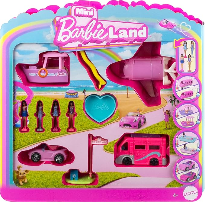 Barbie Mini Barbieland 4-Pack Doll & Vehicle Set, 4 1.5-Inch Dolls & 4 Iconic Toy Vehicles