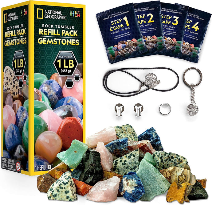 NATIONAL GEOGRAPHIC Rock Tumbler Refill Kit – 1Lb. Gemstones and Rocks for Tumbling including Unpolished Amethyst and Quartz – Rock Tumbler Supplies include Rock Tumbler Grit and Jewelry Accessories