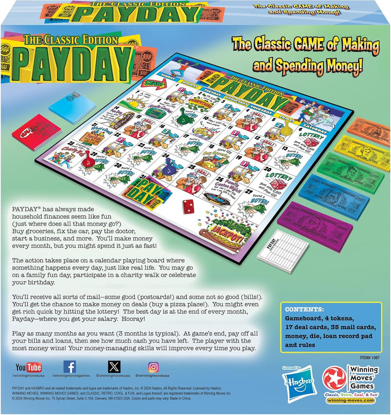 Load image into Gallery viewer, The Game of Pay Day With Popular 1970&#39;s Artwork by Winning Moves Games USA, where Players Make and Spend Money for Fun, for 2-4 Players, Ages 8+
