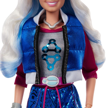 Close-up of Addison Wells doll's blue puffer vest, graphic top, necklace and belt
