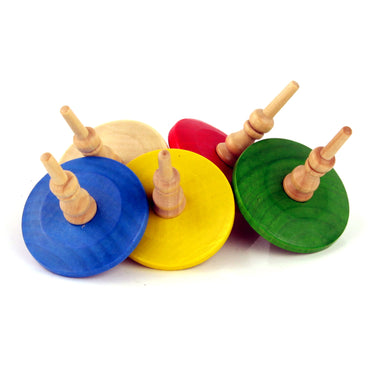 Group of Aero-Motion classic spin tops in blue, yellow, green, red and natural wood finish