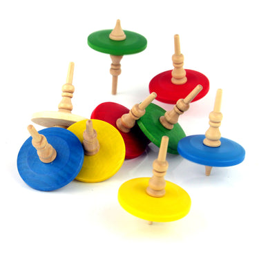 Aero-Motion classic spin tops in red, blue, green, yellow and natural wood finish