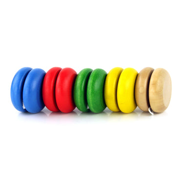 Row of Aero-Motion classic yo-yos in blue, red, green, yellow and natural wood finish