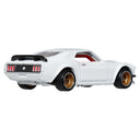 Rear three-quarter view of the white Hot Wheels 1969 Ford Mustang Boss 302 die-cast car
