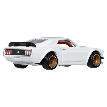Rear three-quarter view of the white Hot Wheels 1969 Ford Mustang Boss 302 die-cast car