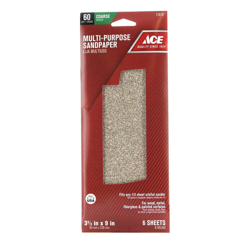 Load image into Gallery viewer, Ace 9 in. L X 3-2/3 in. W 60 Grit Aluminum Oxide Sandpaper 6 pk
