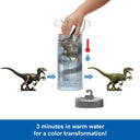 Diagram showing a raptor figure placed in the tube with warm water changing from skeleton design to full color