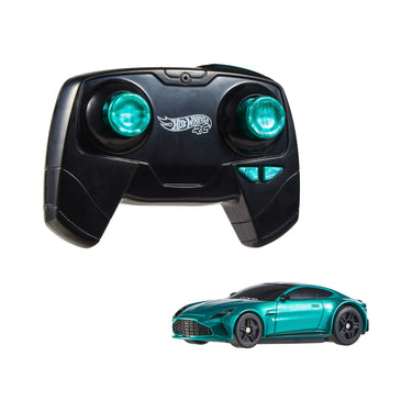 Hot Wheels RC Aston Martin Vantage car shown with its black and teal remote control