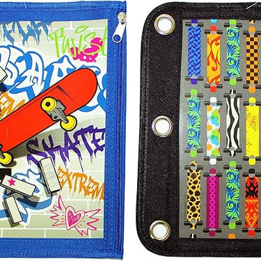 Inkology Skateboard Binder Pencil Pouch, 10.5" x 8.25", Black and Blue (Assorted, Sold Separately)