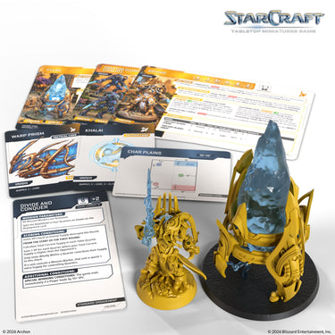 Unpainted Artanis and Pylon miniatures with the expansion's unit and tactical cards