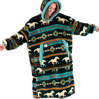 Lazy One Horse Fair Isle Blanket Hoodie (Black) One Size