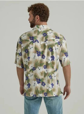 Wrangler Men's Hibiscus Print Coconut Cowboy Shirt (Tan/Blue) Size XXL