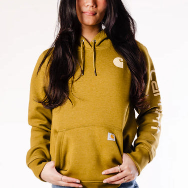 Carhartt Women's Relaxed Fit Midweight Logo Sleeve Graphic Hoodie (Golden Brass) Size L