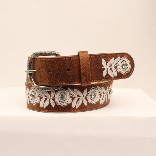 M&F Western Brown Belt with White Floral Embroidery