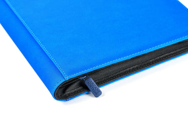 Close-up of the blue Arcane Fortress binder's zipper and cover