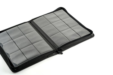 Black Arcane Fortress zipper binder open, showing 9-pocket pages
