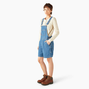 Dickies Women's Relaxed Fit Bib Shortalls 7" (Light Wash) Size XS