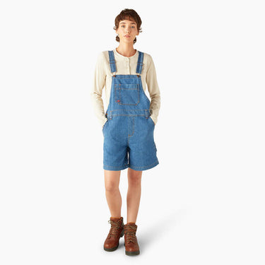 Dickies Women's Relaxed Fit Bib Shortalls 7" (Light Wash) Size XS