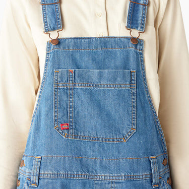 Dickies Women's Relaxed Fit Bib Shortalls 7" (Light Wash) Size XS