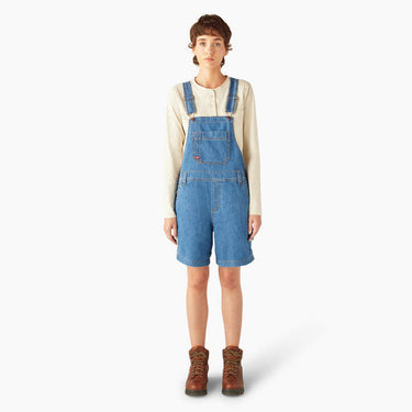 Dickies Women's Relaxed Fit Bib Shortalls 7" (Light Wash) Size XS