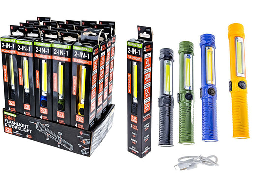 6.5" 225 Lumen Rechargeable 2-IN-1 Flashlights and Worklights with Clips